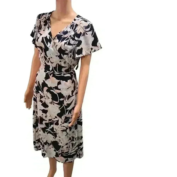 Floral Wrap Midi Dress - Navy, White, and Peach - Picture 1 of 8